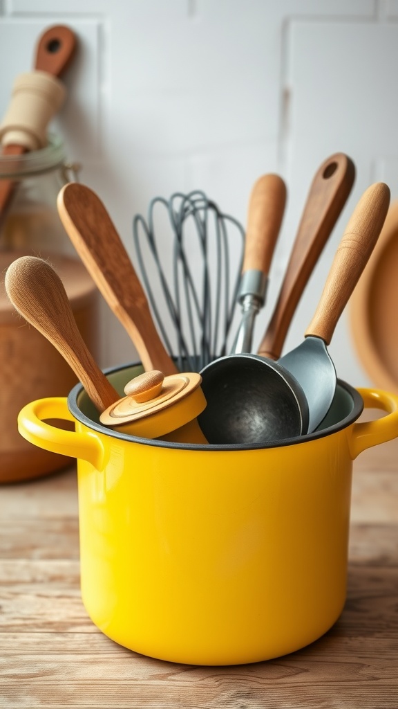 A bright yellow enamelware pot filled with various kitchen utensils like wooden spoons and a whisk.