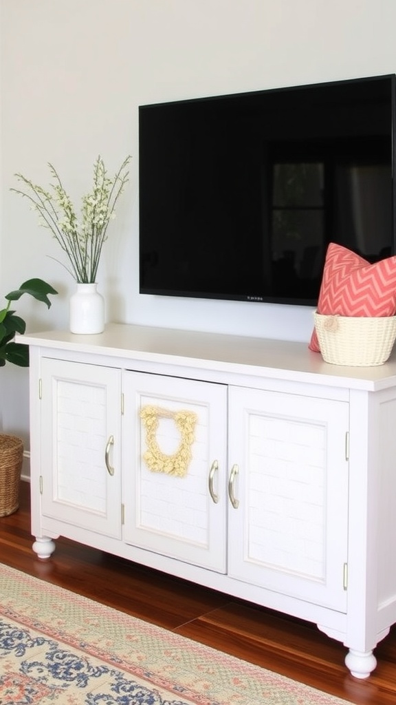 Colorful throw pillows on a white TV stand