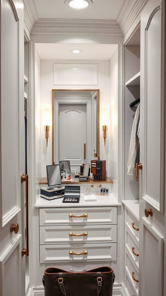 A stylish compact vanity area in a luxury penthouse closet with elegant lighting and organized beauty products.