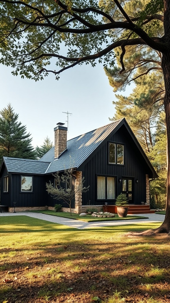 A modern black A-frame house surrounded by lush greenery.
