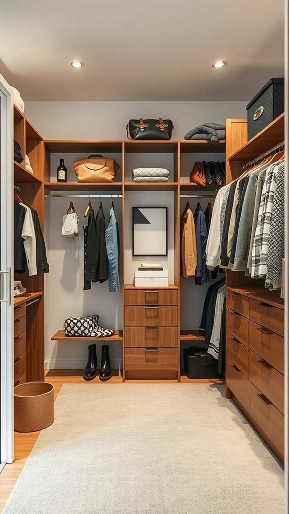 A well-organized walk-in closet featuring wooden shelves, a variety of clothing, and storage boxes.