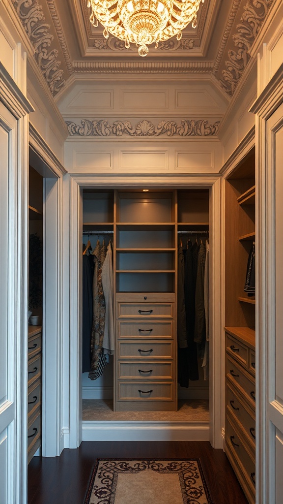 Elegant walk-in closet with crown molding and a chandelier