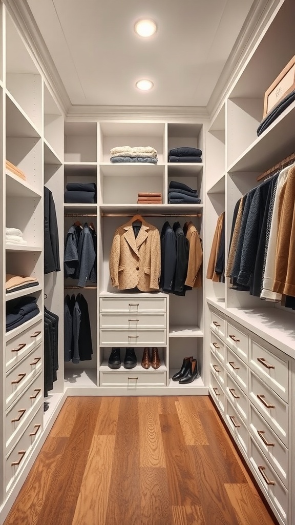 A luxury penthouse closet featuring custom built-in shelves and drawers for organized storage.