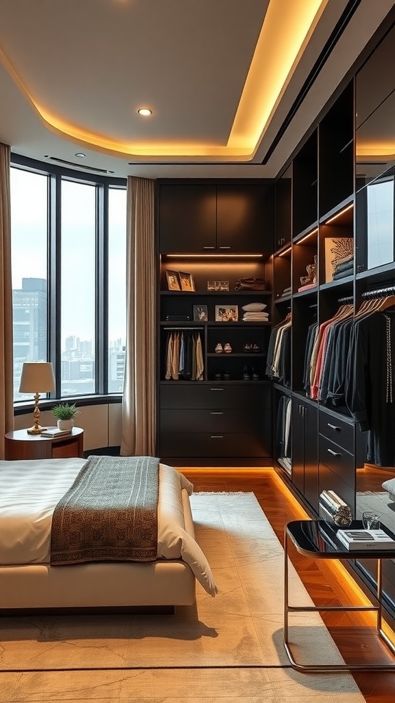 Luxurious penthouse bedroom with a custom walk-in closet featuring dark cabinetry and stylish decor.