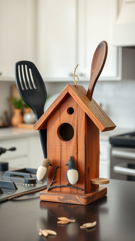 A wooden birdhouse utensil holder with a spatula and wooden spoon, featuring decorative birds on its sides.