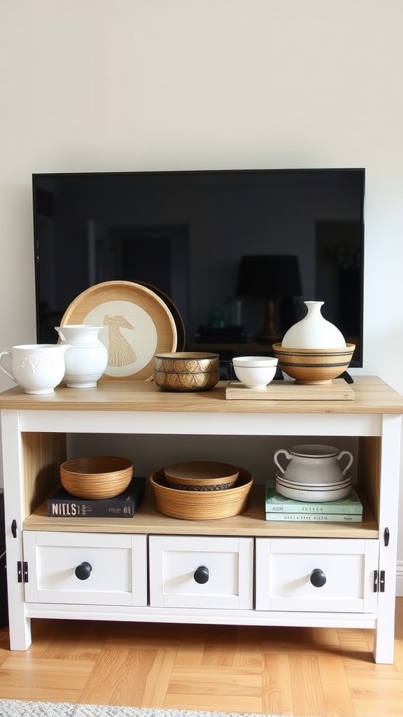 A farmhouse TV stand decorated with various bowls and trays.