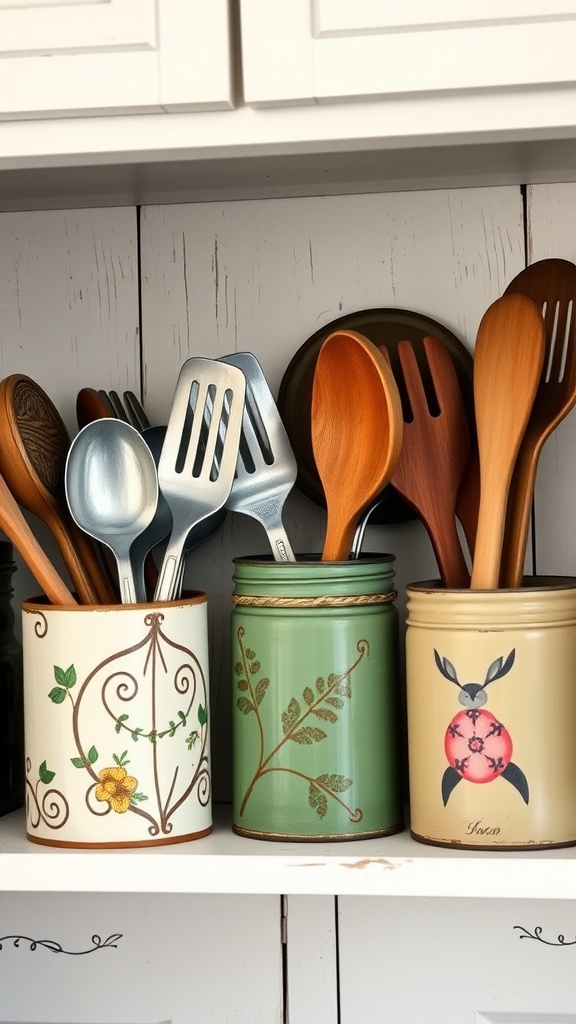 Three decorative tin cans holding cooking utensils on a wooden shelf