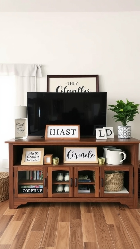 Chic farmhouse TV stand with wooden decor, plants, and books.