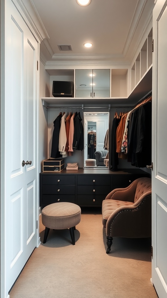 A luxurious dressing area in a penthouse closet featuring a plush chair and ottoman.