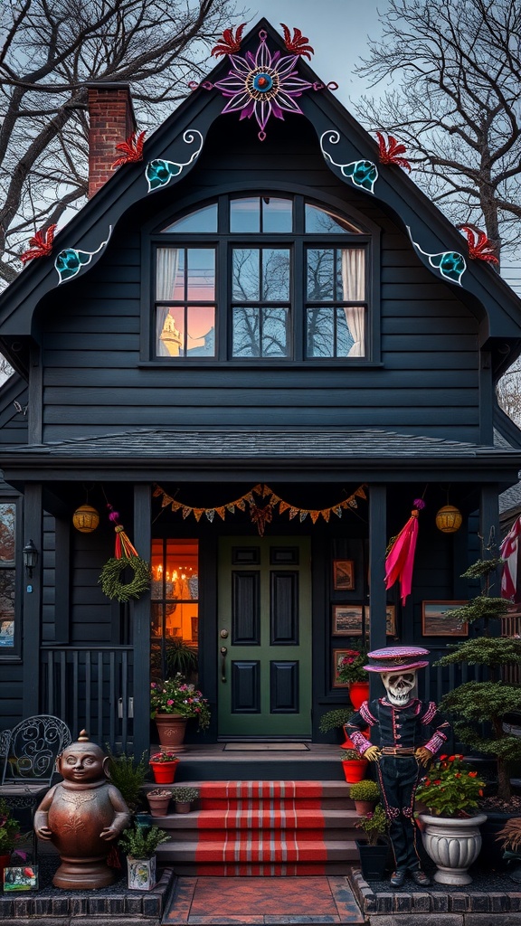 A dark A-frame house with colorful accents, featuring a unique ornament on the roof, a green door, and quirky decorations.