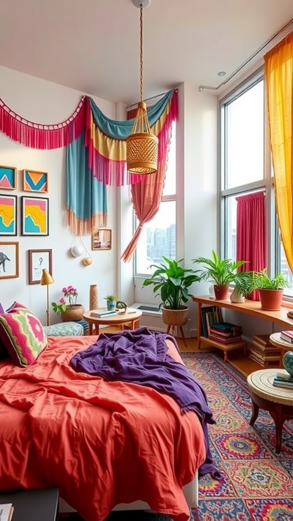 A vibrant bohemian-style bedroom featuring a coral bedspread, colorful pillows, and decorative curtains.