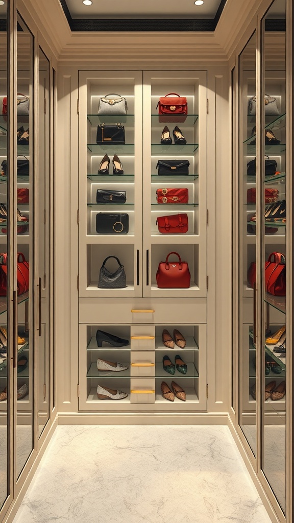 A luxury penthouse closet featuring elegant glass front cabinets displaying shoes and handbags.