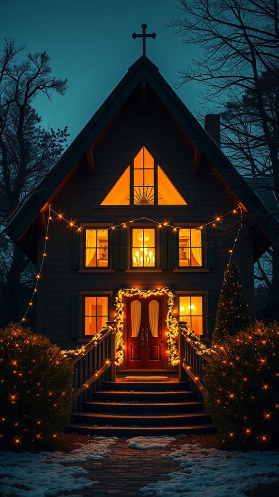 A charming A-frame house adorned with twinkling lights and a warm glow from the windows, set against a twilight sky.