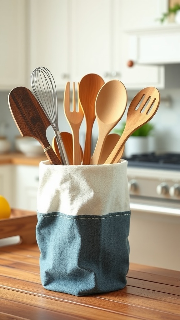 A fabric-covered utensil holder filled with wooden cooking utensils on a kitchen counter