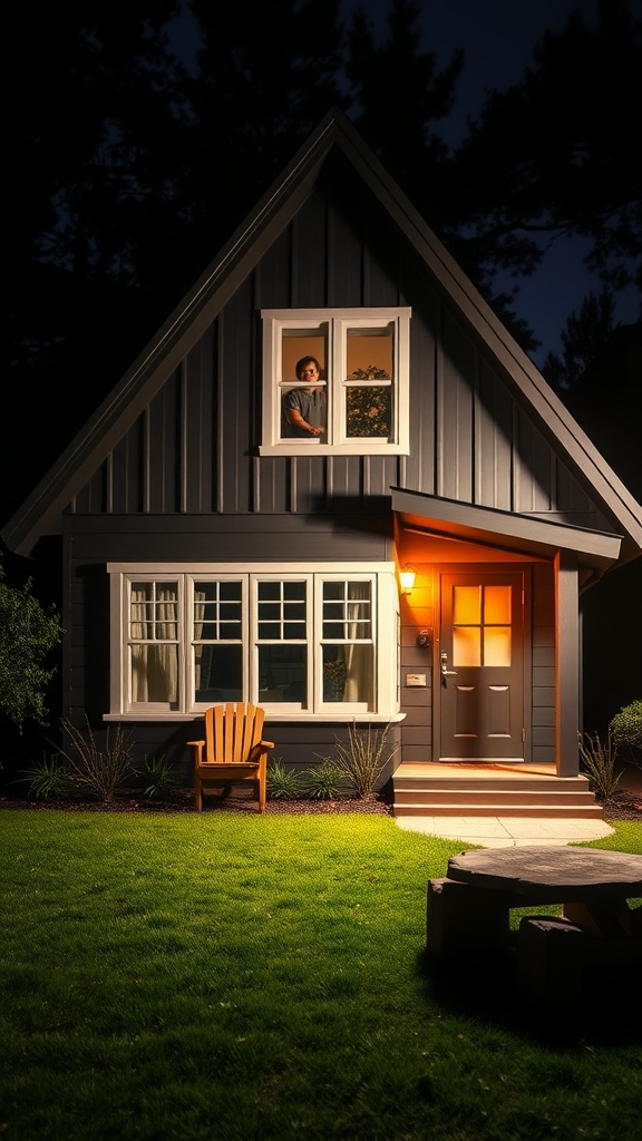 Family-friendly A-frame house at night with a child looking out the window
