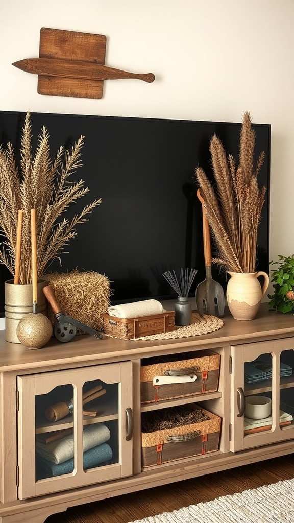 A rustic TV stand decorated with pampas grass, vintage tools, and woven baskets, showcasing farm-inspired decor.