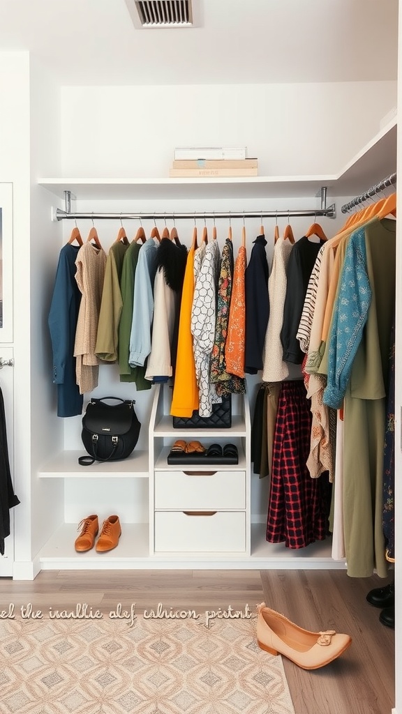 A walk-in closet with hanging clothes, a handbag, and shoes arranged stylishly.