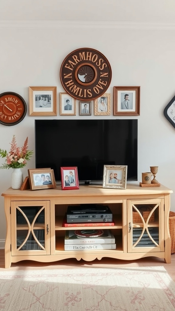 A cozy farmhouse TV stand decorated with framed family photos, books, and a television.