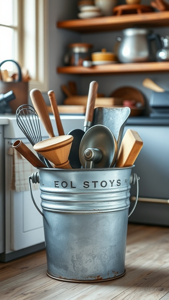 A galvanized metal bucket filled with various kitchen utensils, including wooden spoons and a whisk, placed in a cozy kitchen setting.