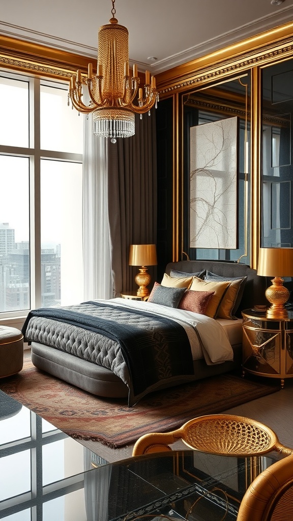 Luxury bedroom featuring metallic accents, a golden chandelier, and elegant furnishings
