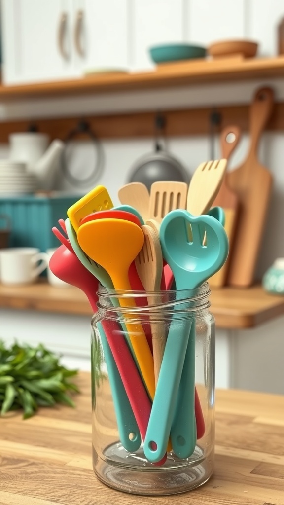 A glass jar filled with colorful kitchen utensils on a wooden countertop.