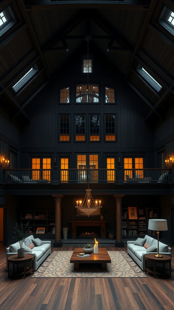 Interior of a grand A-frame house with towering ceilings, large windows, and cozy furnishings.