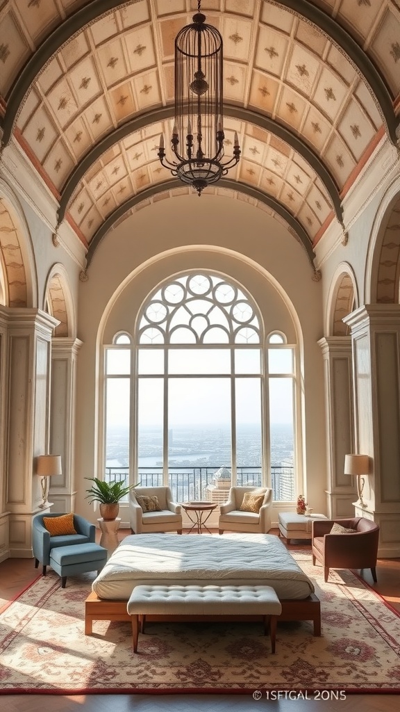 A luxurious penthouse bedroom featuring a high ceiling with intricate designs, large arched windows allowing natural light, and stylish furnishings.