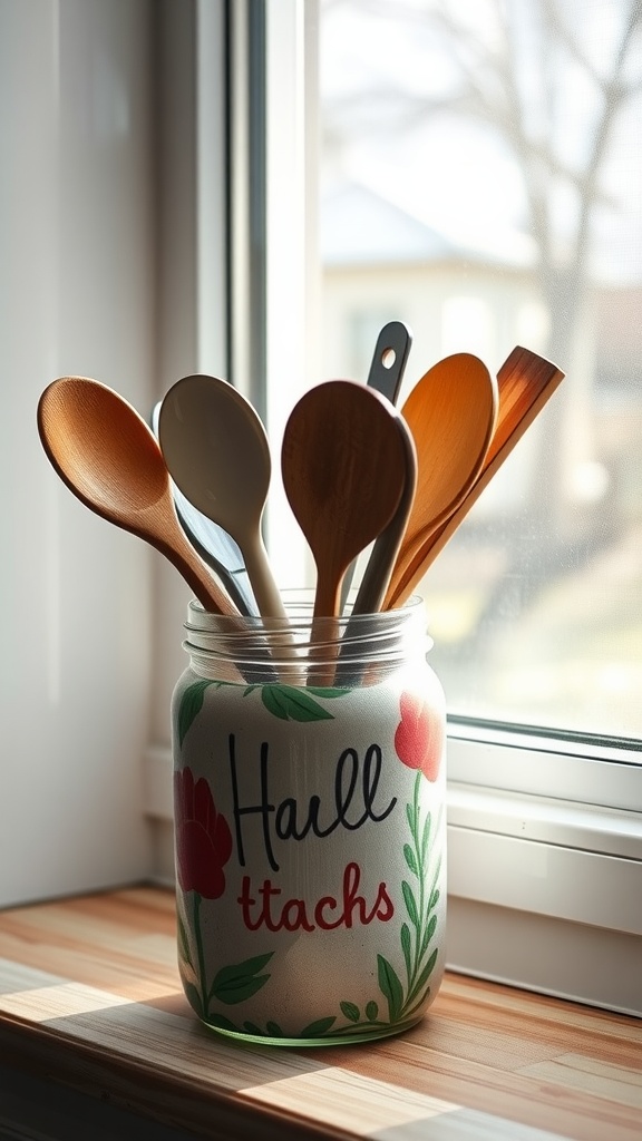 Hand-painted utensil jar with wooden spoons and spatulas, decorated with floral designs