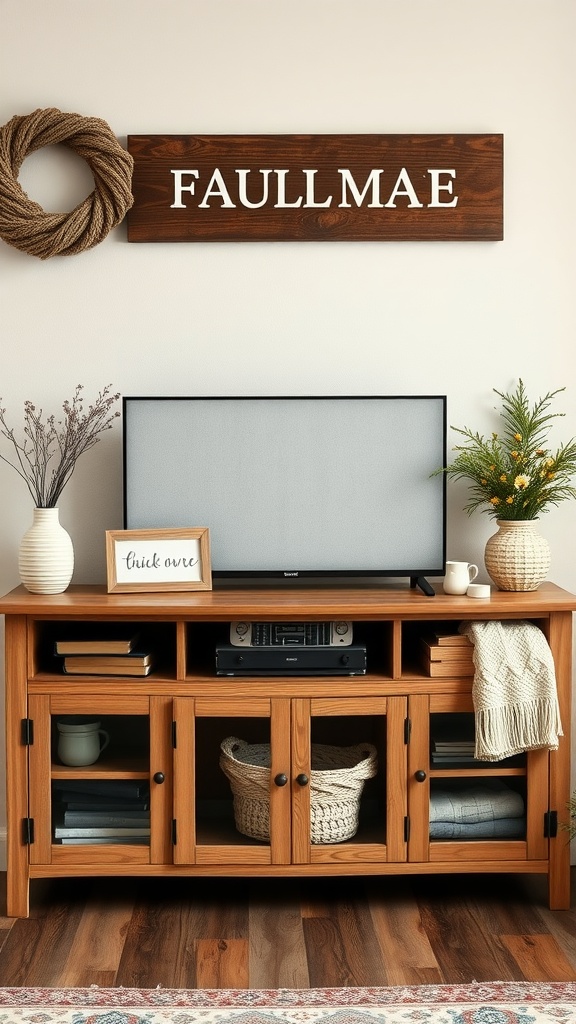 A cozy farmhouse TV stand decorated with handmade crafts like a wooden sign, woven baskets for storage, and a floral arrangement.