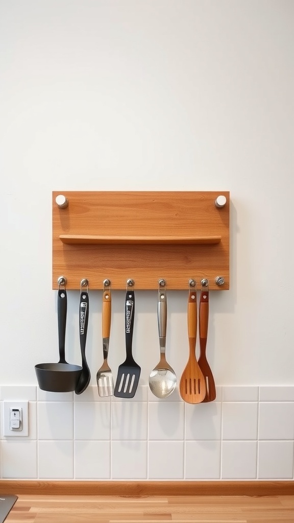 A wall-mounted wooden organizer with various kitchen utensils hanging on hooks.