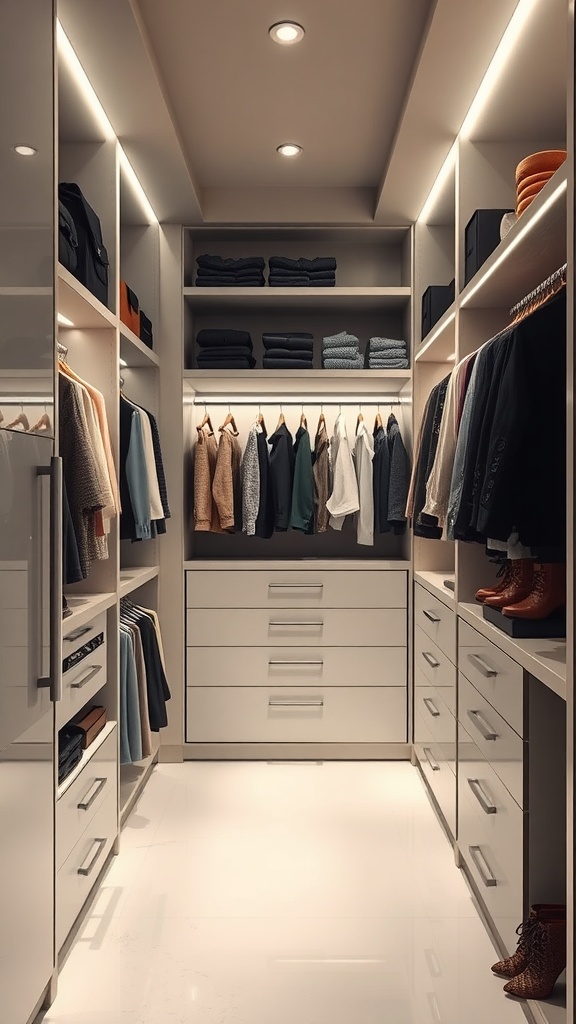 A stylish walk-in closet featuring hidden LED lighting illuminating organized shelves and clothing.