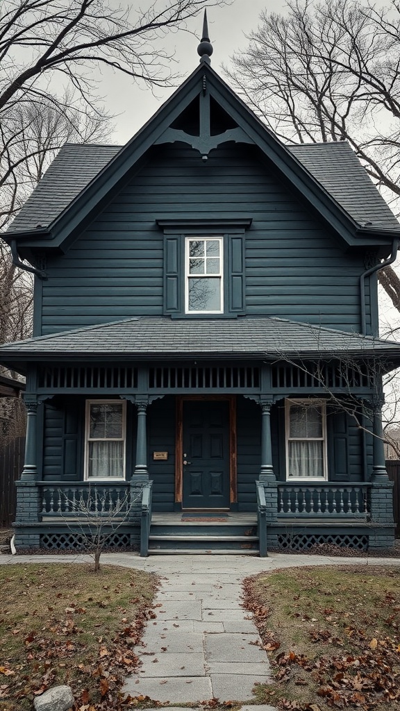 A historical A-frame house with a blue exterior, detailed porch, and large windows, surrounded by bare trees.