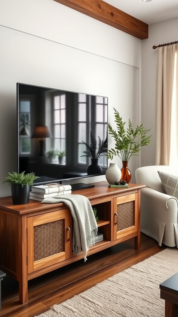 A cozy farmhouse TV stand with layered textiles including a throw and books, complemented by decorative plants.