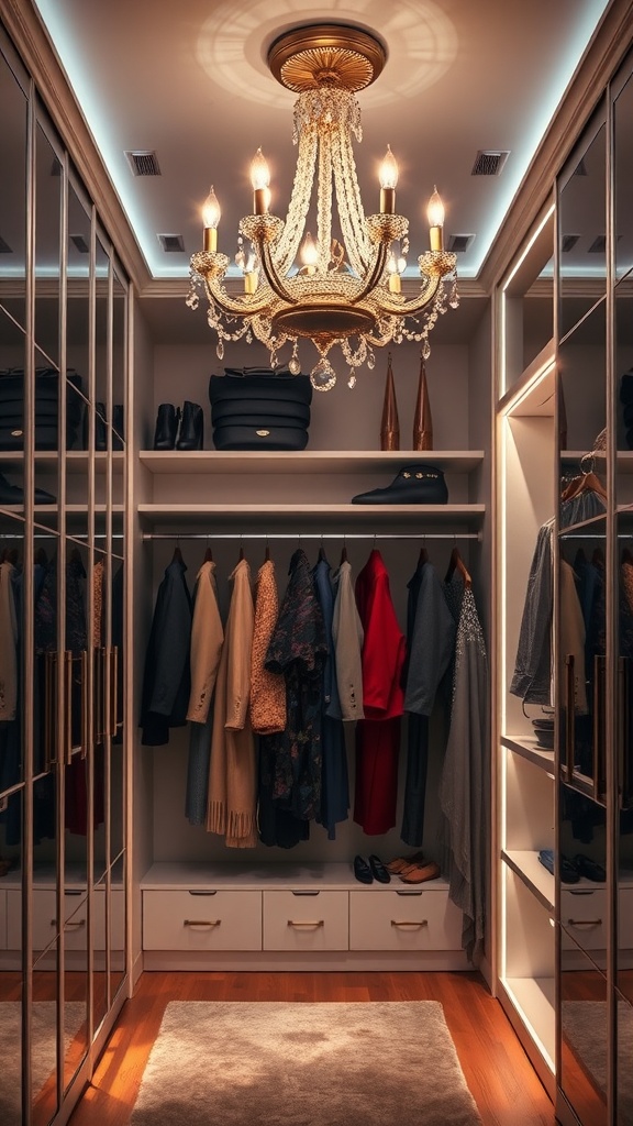 A luxurious walk-in closet featuring a chandelier and stylish lighting.