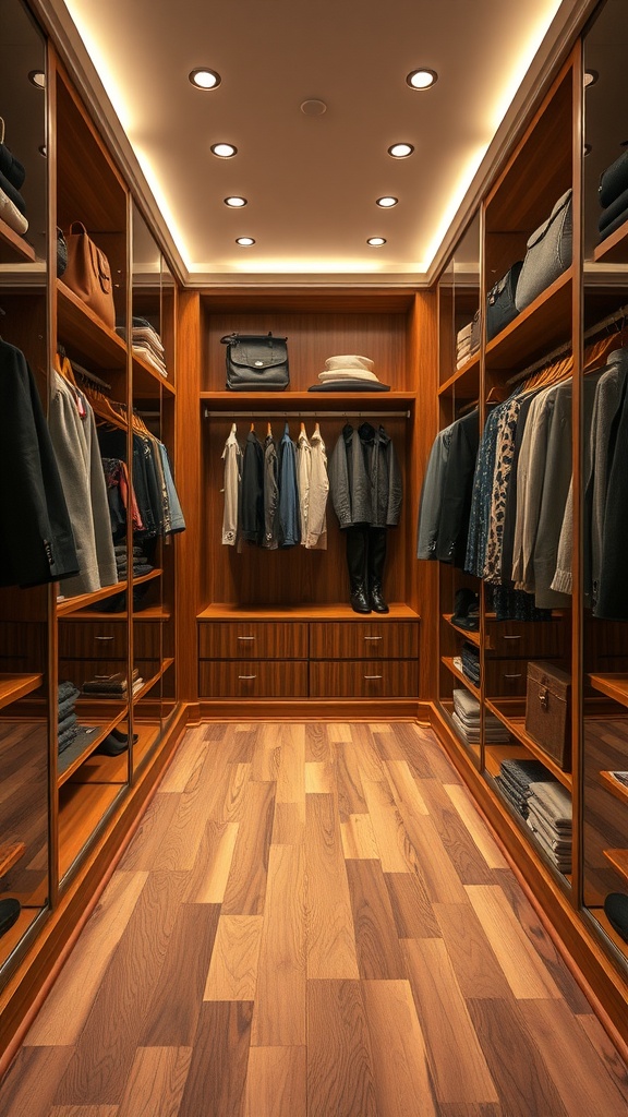 Luxurious penthouse closet with wooden flooring and stylish clothing storage