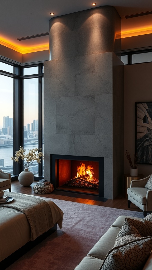 Stylish bedroom featuring a modern indoor fireplace, large windows, and cozy seating.