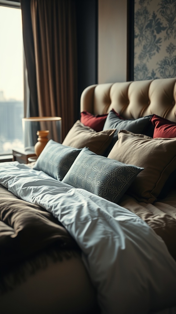 A stylish penthouse bedroom featuring layered bedding and decorative pillows.