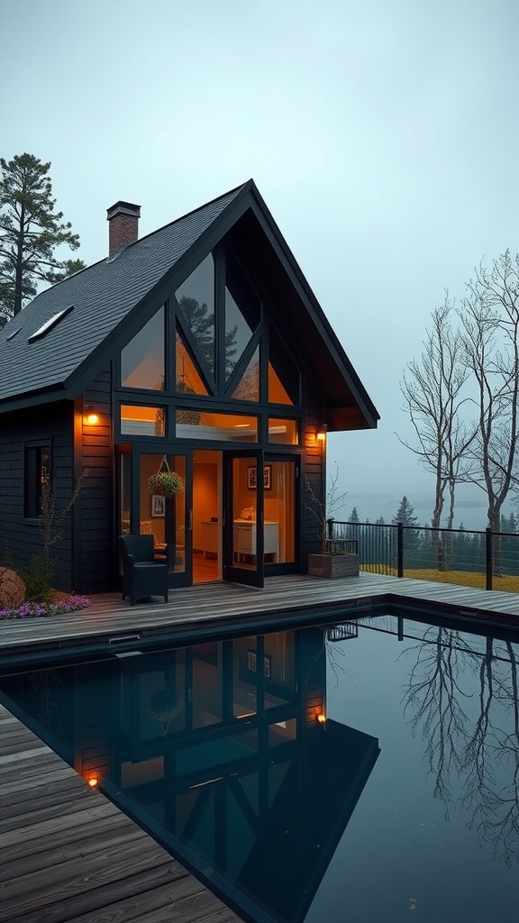 A luxury A-frame house with large windows, a wooden deck, and a reflective pool.