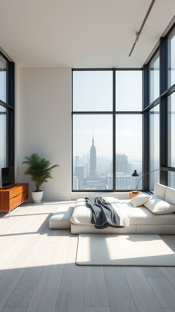 Minimalist penthouse bedroom with large windows showcasing a city view, featuring simple furniture and natural light.