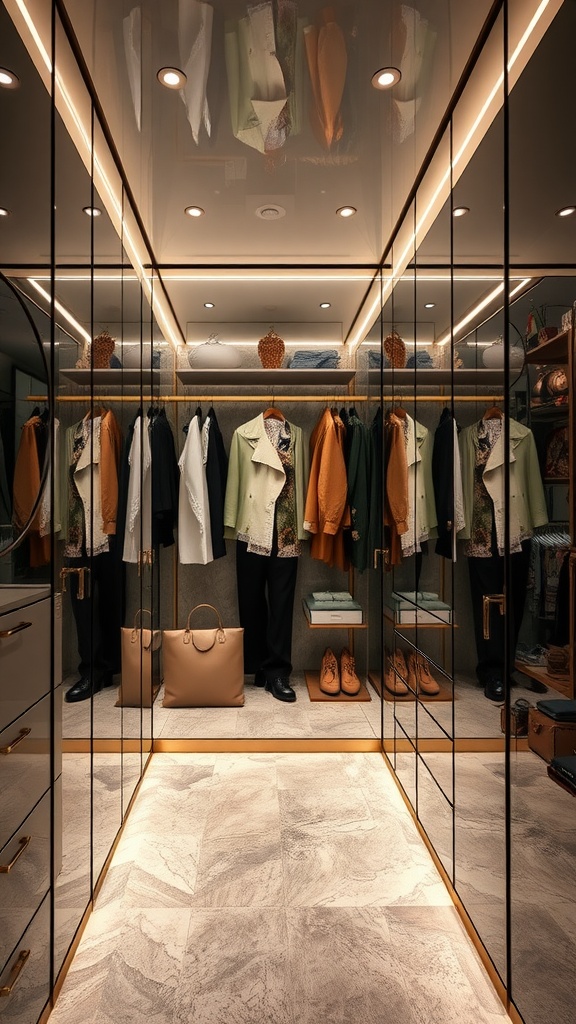 Luxurious penthouse closet with mirrored walls, showcasing clothing and accessories.