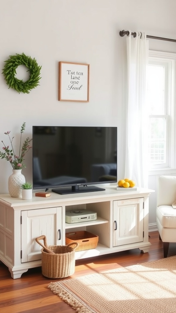 A cozy farmhouse TV stand featuring a mix of decor elements including a TV, a decorative wreath, and a bowl of lemons.
