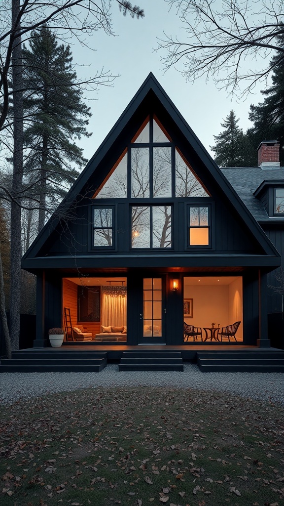Modern A-frame house with black exterior and large windows, surrounded by trees