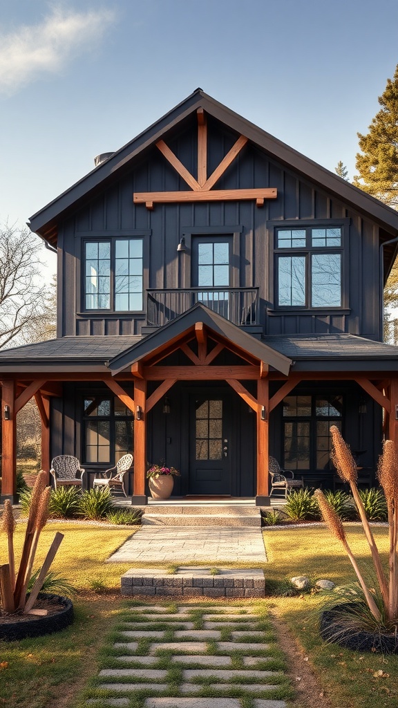 A modern farmhouse A-frame house with dark exterior, wooden accents, and a welcoming porch