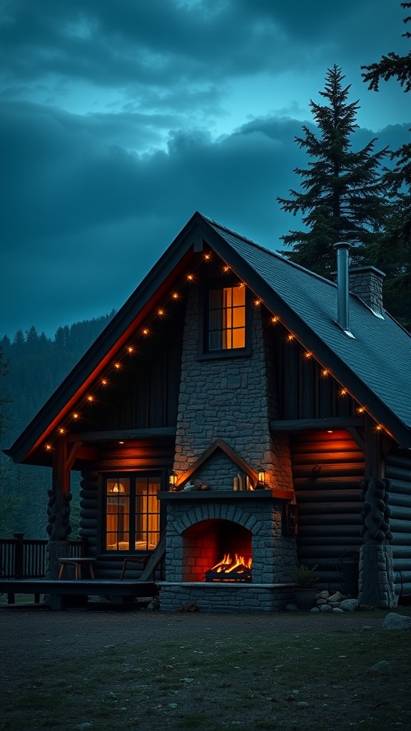 A cozy A-frame mountain house with warm lights and a stone fireplace, surrounded by trees at dusk.