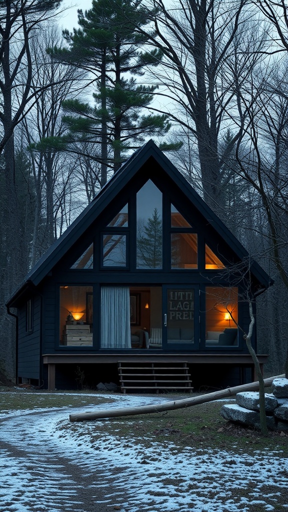 Off-grid A-frame sustainable home surrounded by trees and snow.