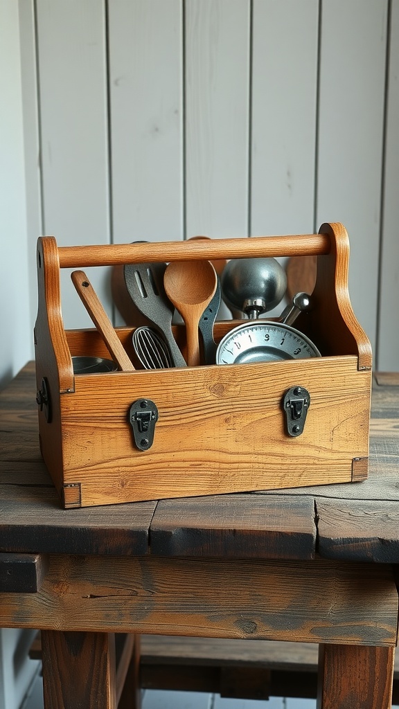 An old wooden toolbox filled with various kitchen utensils, placed on a rustic wooden table.