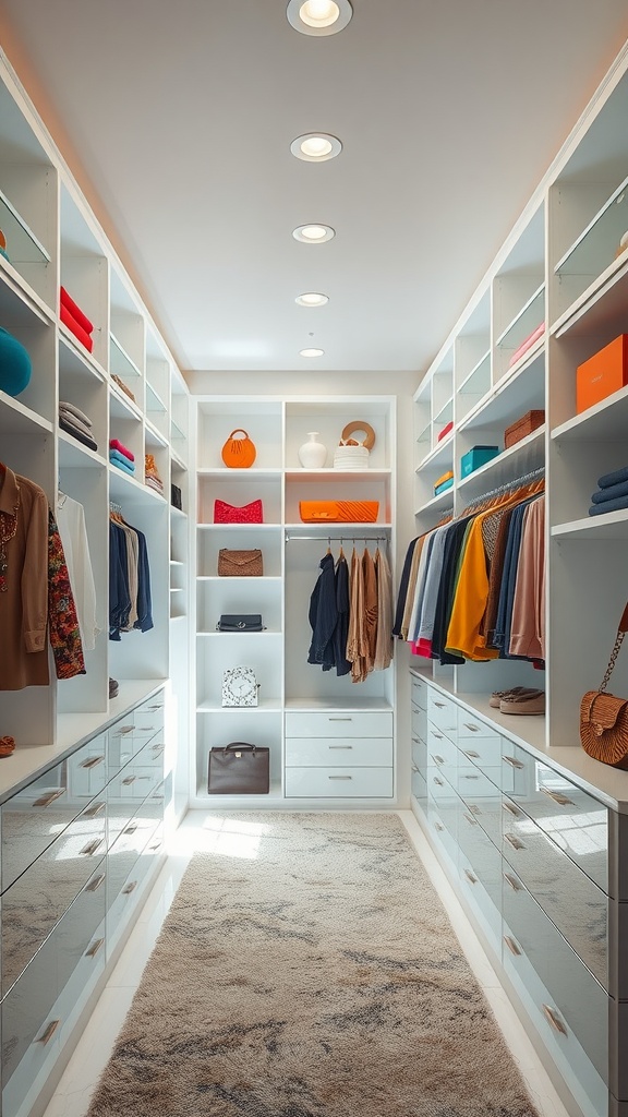 A well-organized luxury penthouse closet with open concept shelving, showcasing clothing and accessories.
