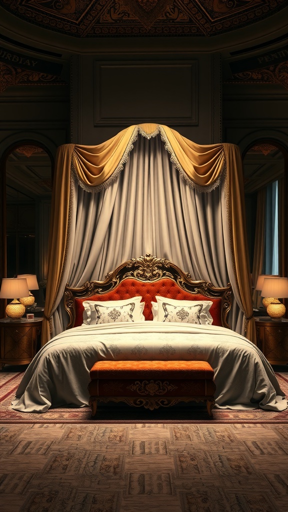 A luxurious canopy bed with rich colors and elegant drapes, creating a cozy and inviting atmosphere.