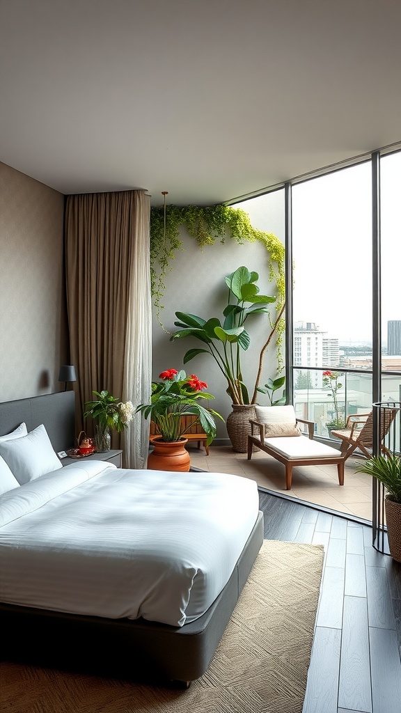 A luxurious penthouse bedroom with large windows, plants, and outdoor furniture on the balcony.