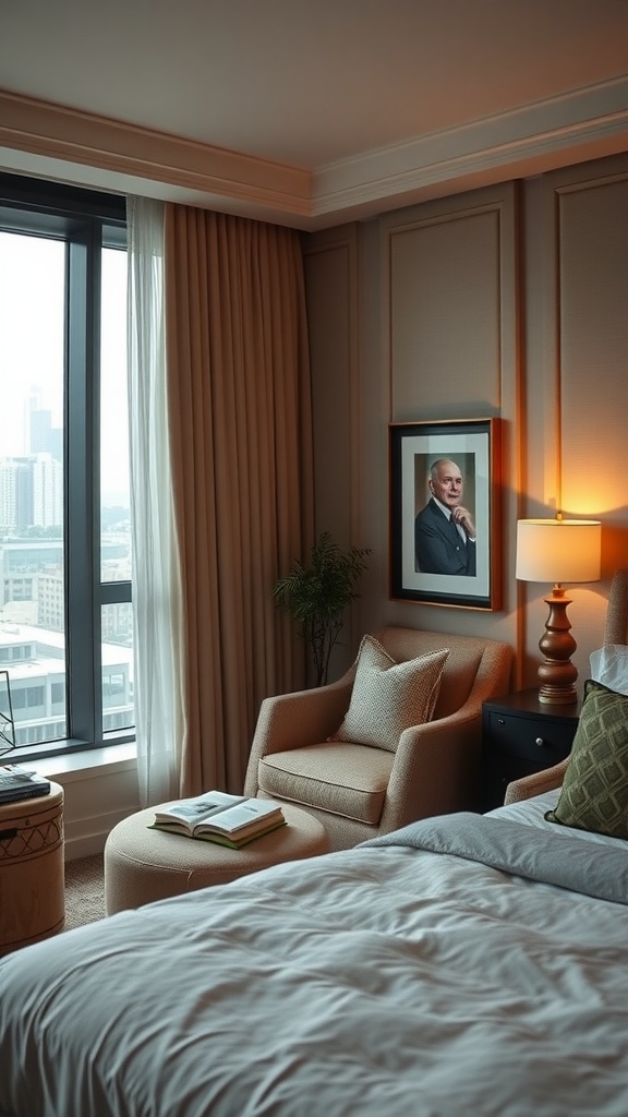 A cozy reading nook in a luxury penthouse bedroom featuring a plush armchair, side table, and a book.